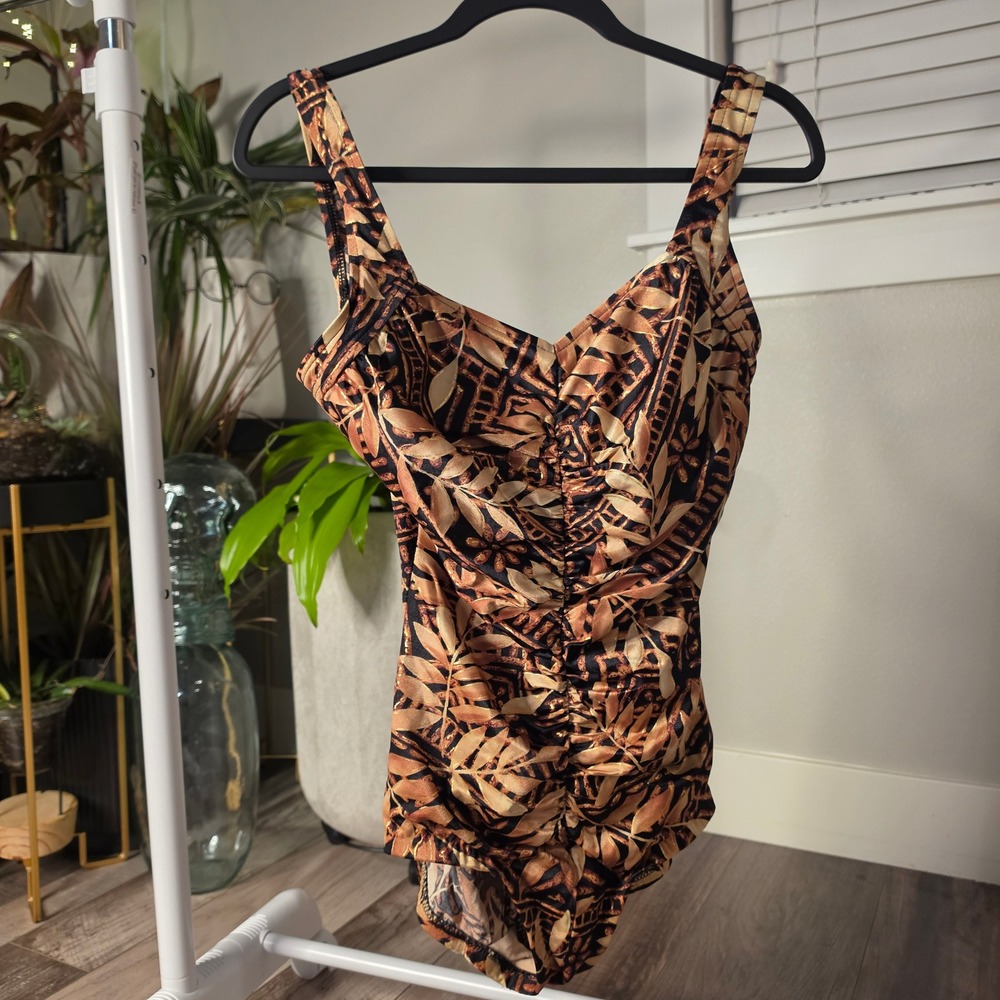 Vintage Maxine of Hollywood Tropical Leaf Ruched One Piece Swimsuit Sz 16
